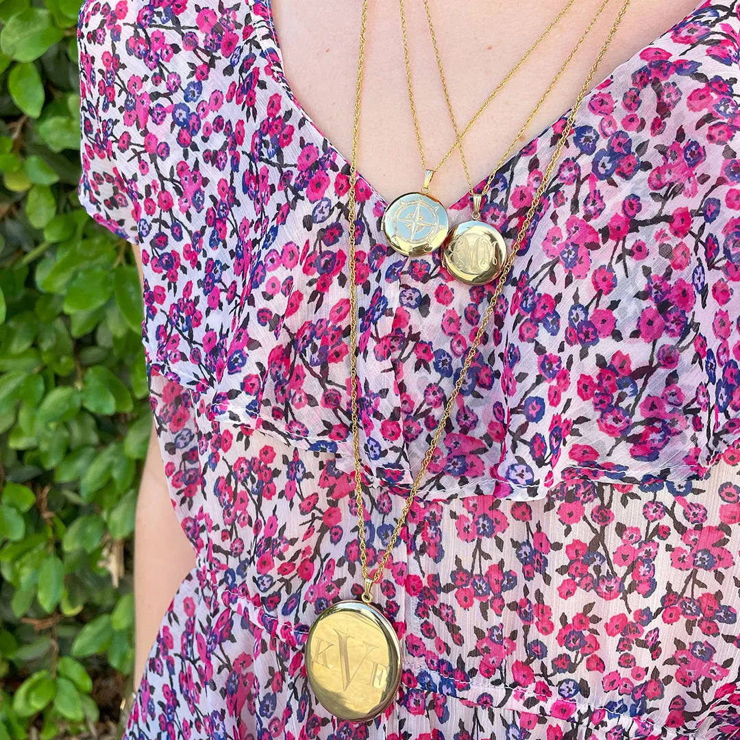 14K Gold-Filled 23mm Round Compass Locket Necklace