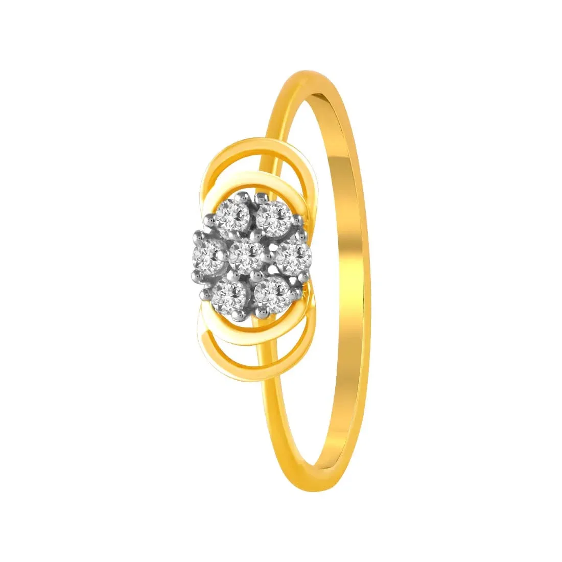 14K Gold Ring Featuring A Circular Diamond Cluster Set In The Centre Of A Curved, U-shaped Band