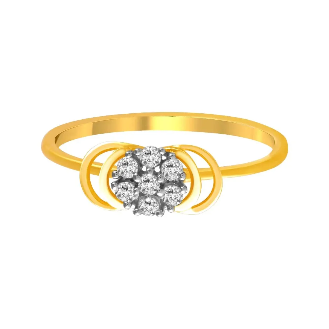 14K Gold Ring Featuring A Circular Diamond Cluster Set In The Centre Of A Curved, U-shaped Band