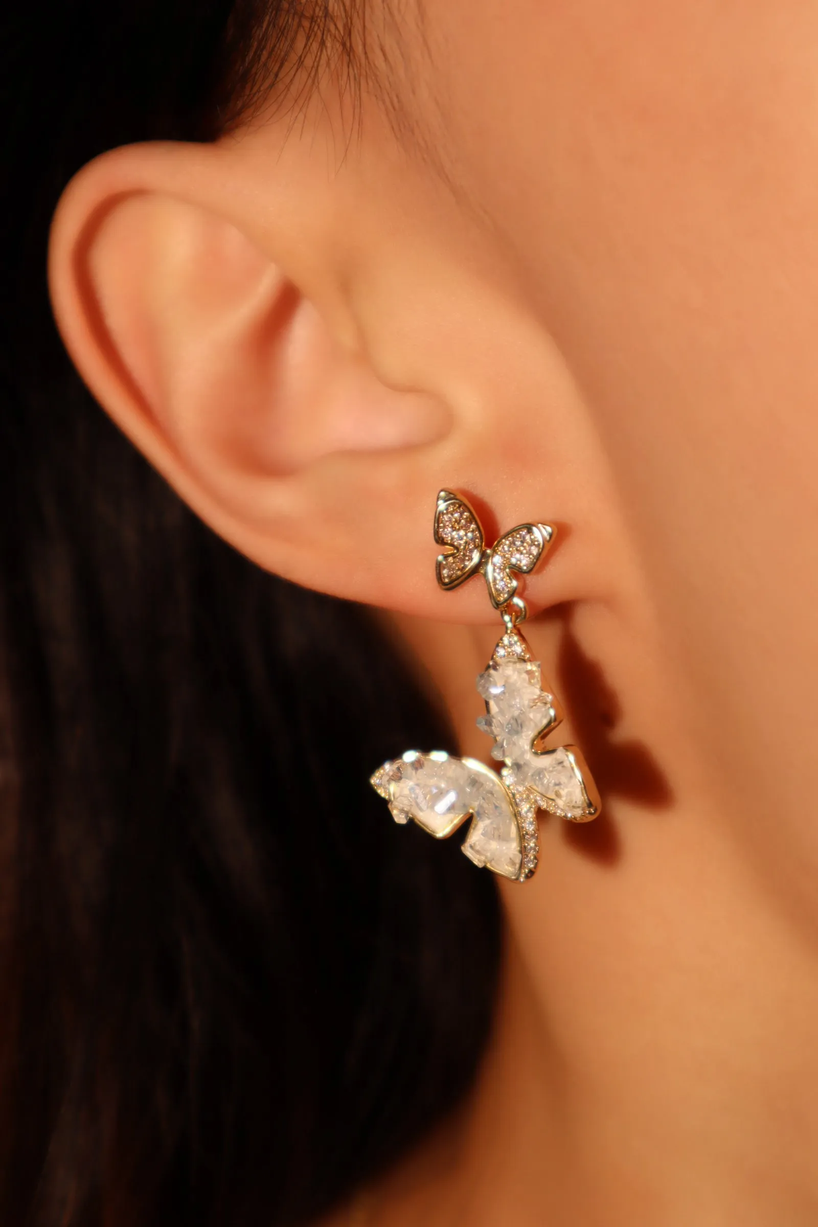 14K Real Gold Plated Blue Crystal Butterfly Earrings