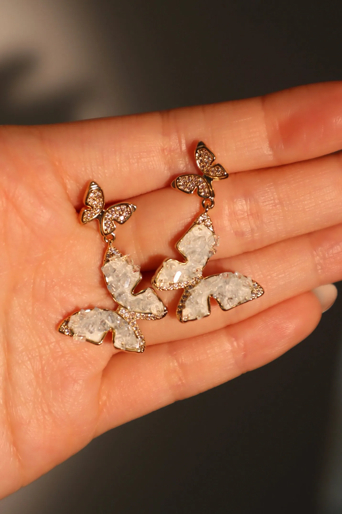 14K Real Gold Plated Blue Crystal Butterfly Earrings