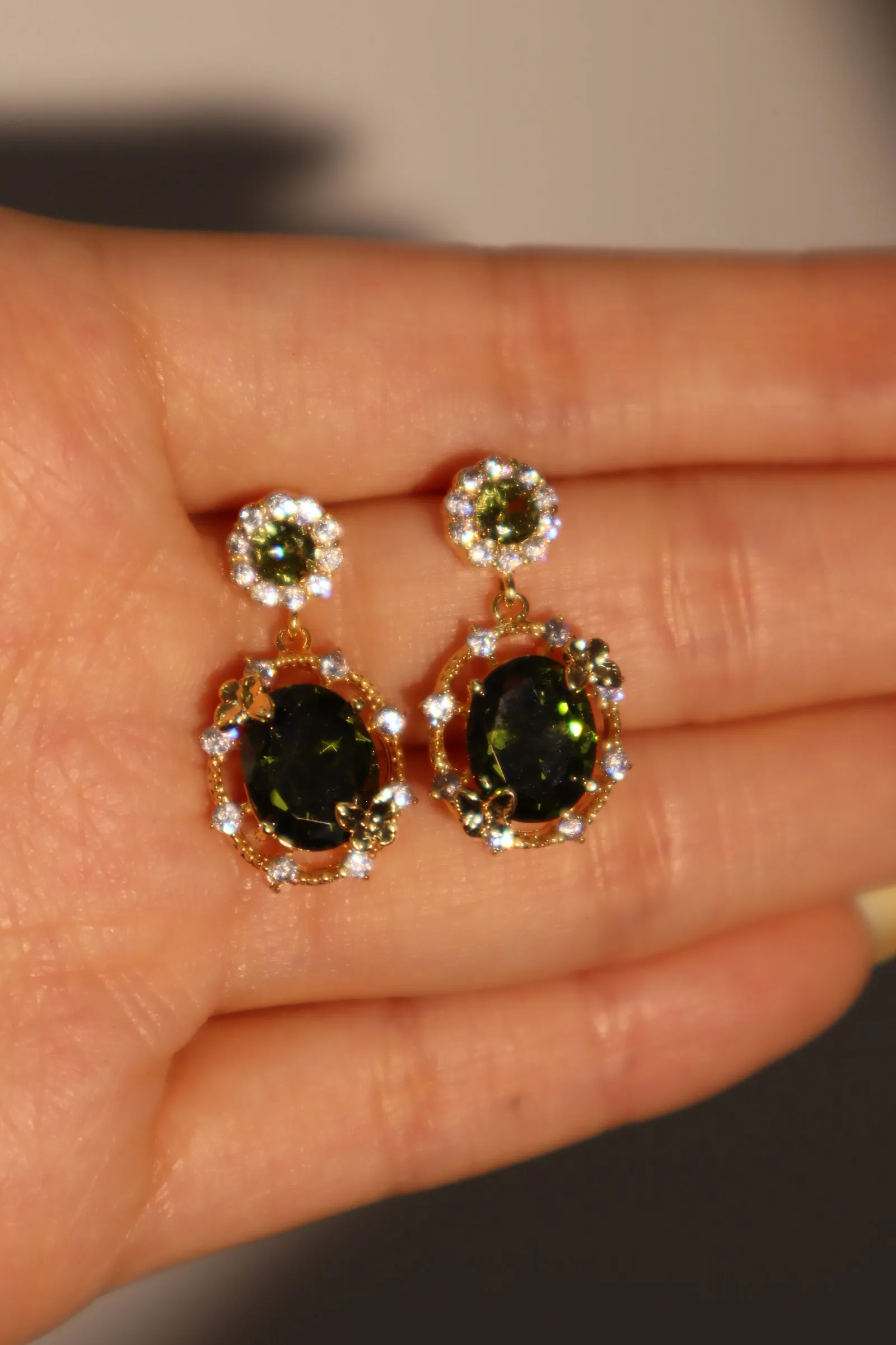 14K Real Gold Plated Emerald Butterfly Earrings