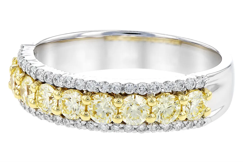 14K White Gold Straight Natural Yellow and White Diamonds Band