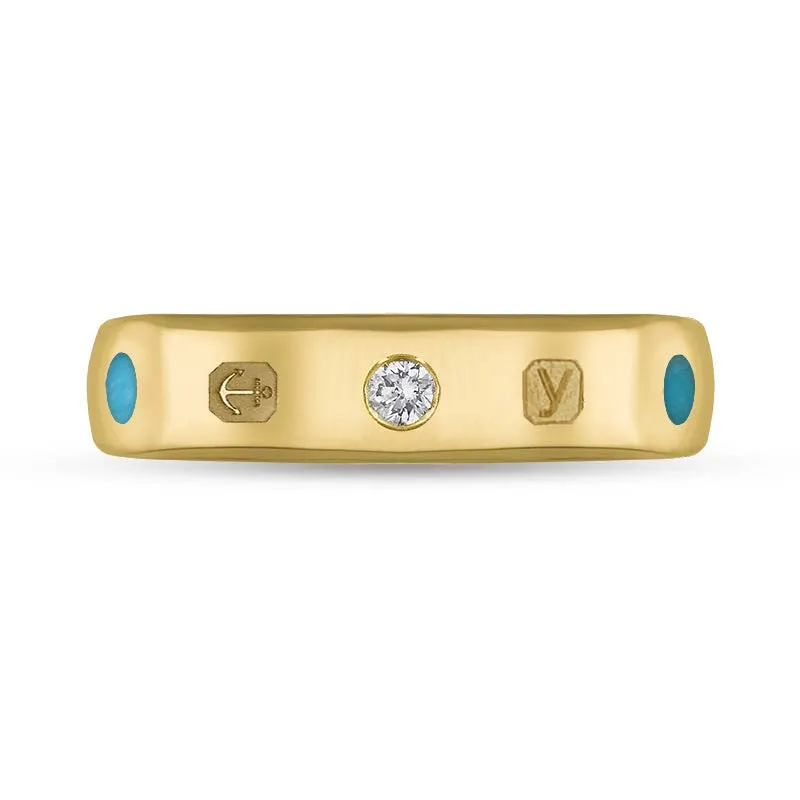 18ct Yellow Gold 0.08ct Diamond Turquoise King's Coronation Hallmark 5mm Ring D