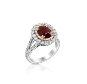 18K White And Rose Gold Double Diamond Halo And Ruby Fashion Ring