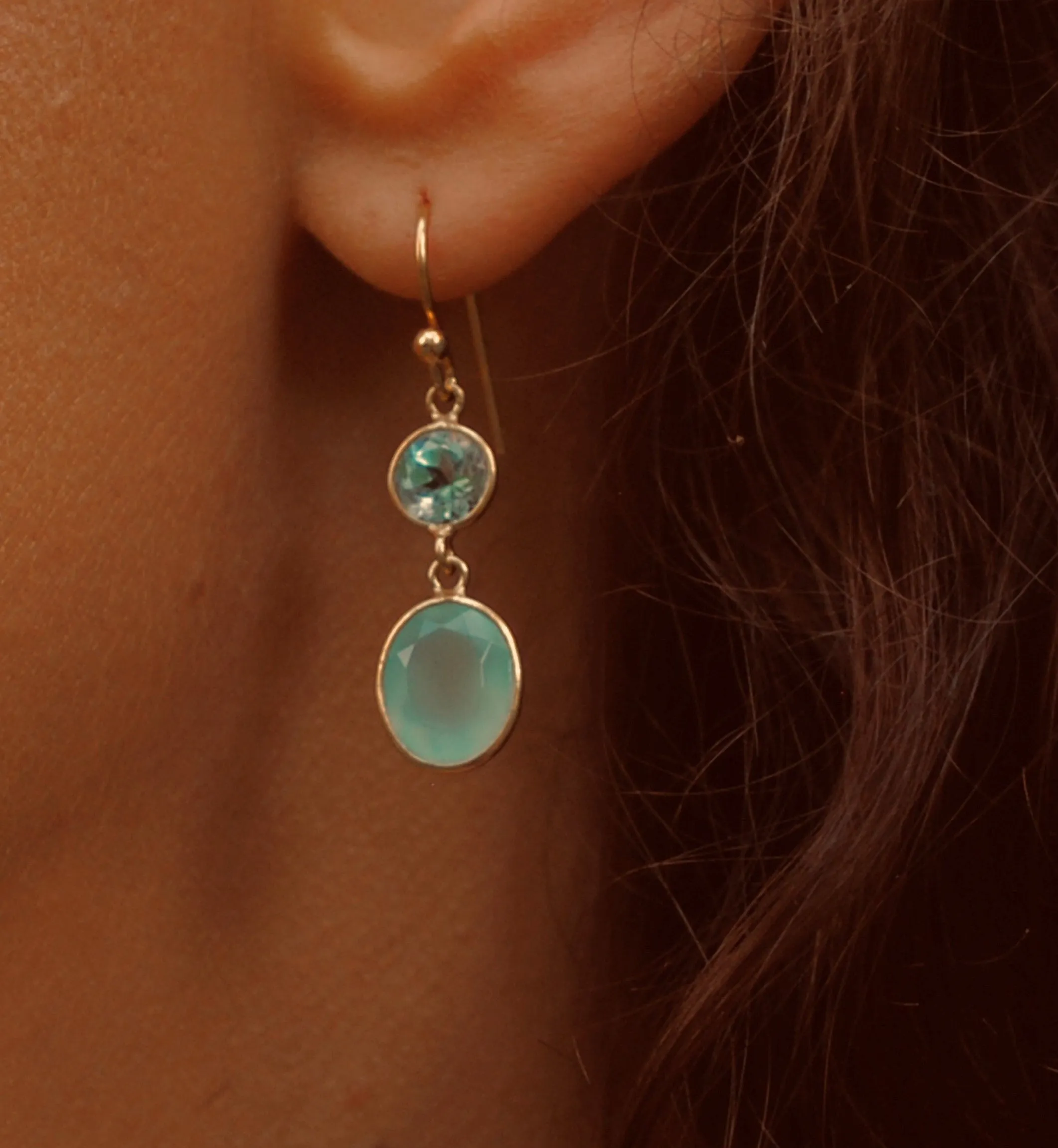 925 Silver earrings with 18k yellow gold plating and blue topaz