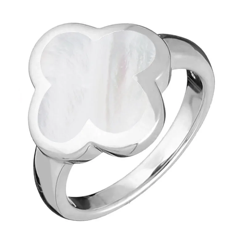 9ct White Gold White Mother of Pearl Bloom Four Leaf Clover Ring