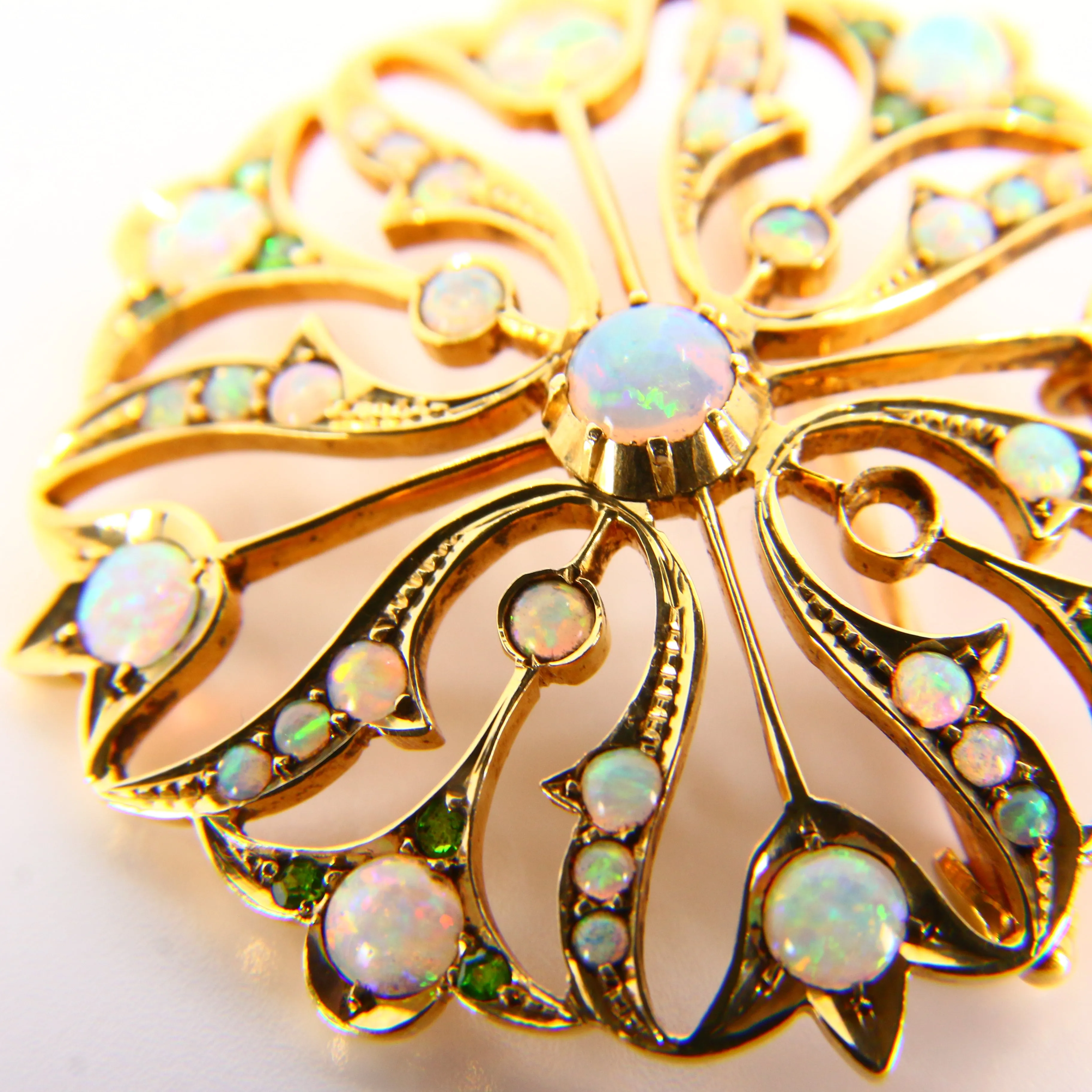 Antique 15K Opal & Emerald Pendant Brooch ?C Solid Yellow Gold Victorian Piece