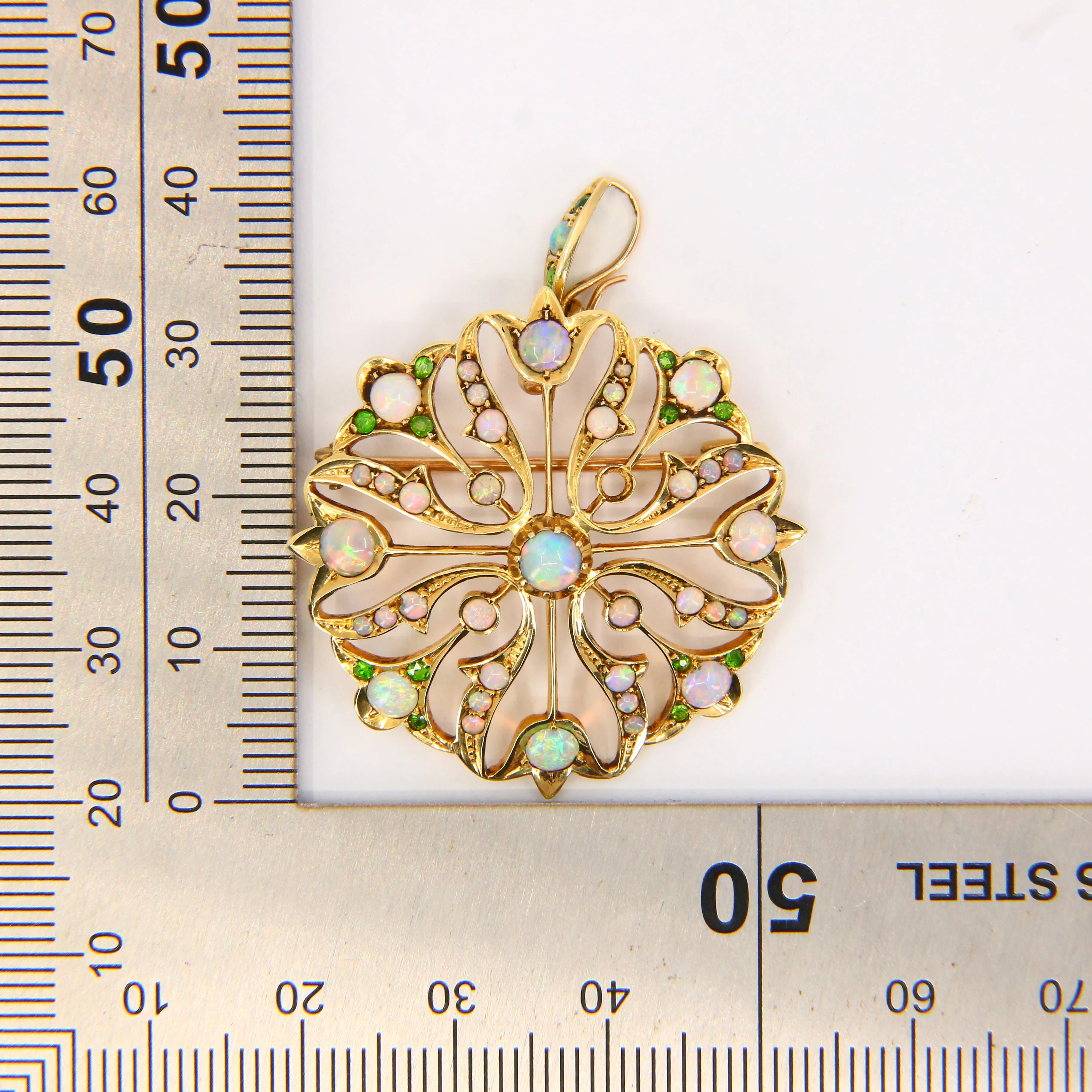 Antique 15K Opal & Emerald Pendant Brooch ?C Solid Yellow Gold Victorian Piece