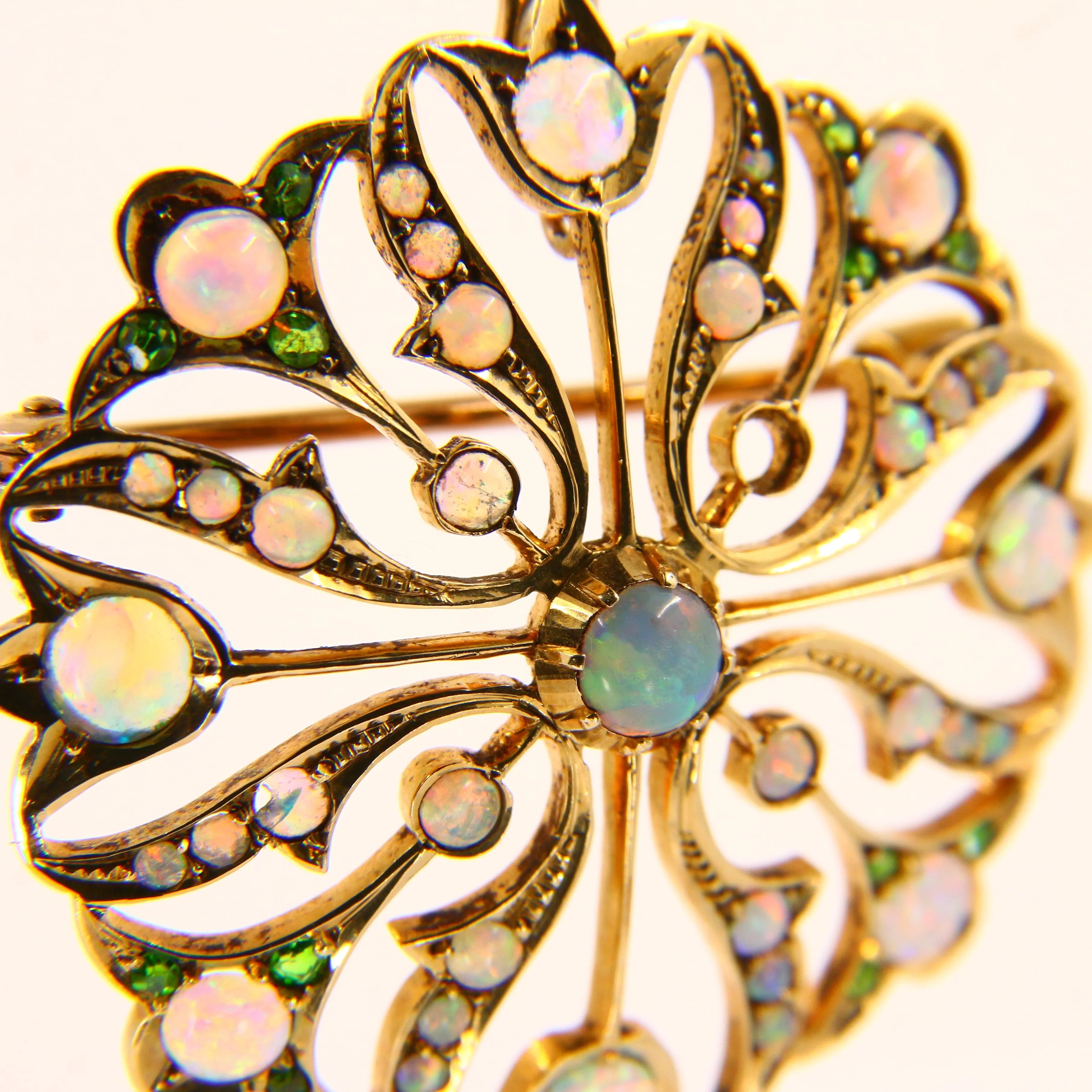 Antique 15K Opal & Emerald Pendant Brooch ?C Solid Yellow Gold Victorian Piece