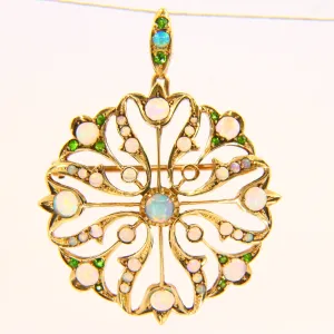 Antique 15K Opal & Emerald Pendant Brooch ?C Solid Yellow Gold Victorian Piece