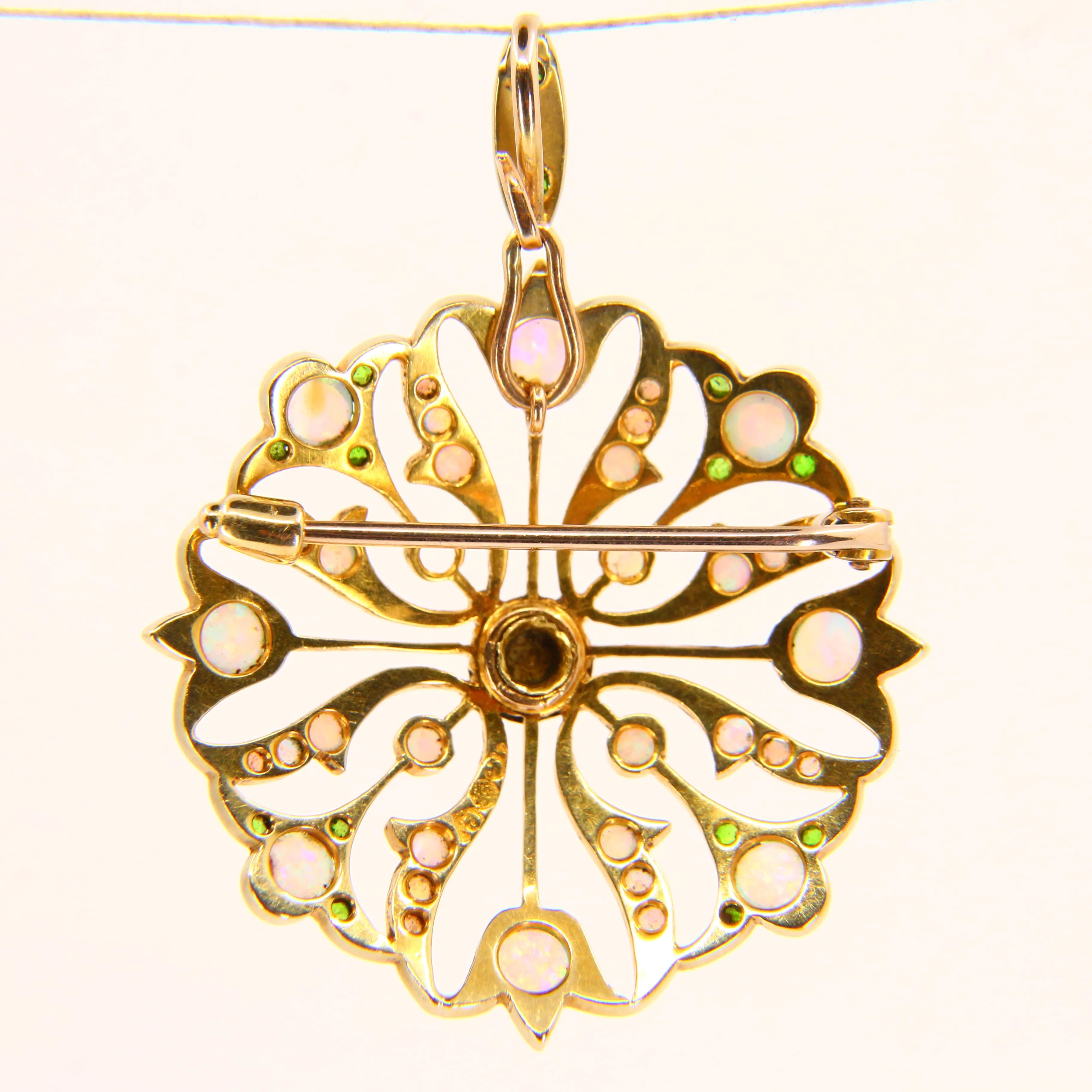 Antique 15K Opal & Emerald Pendant Brooch ?C Solid Yellow Gold Victorian Piece