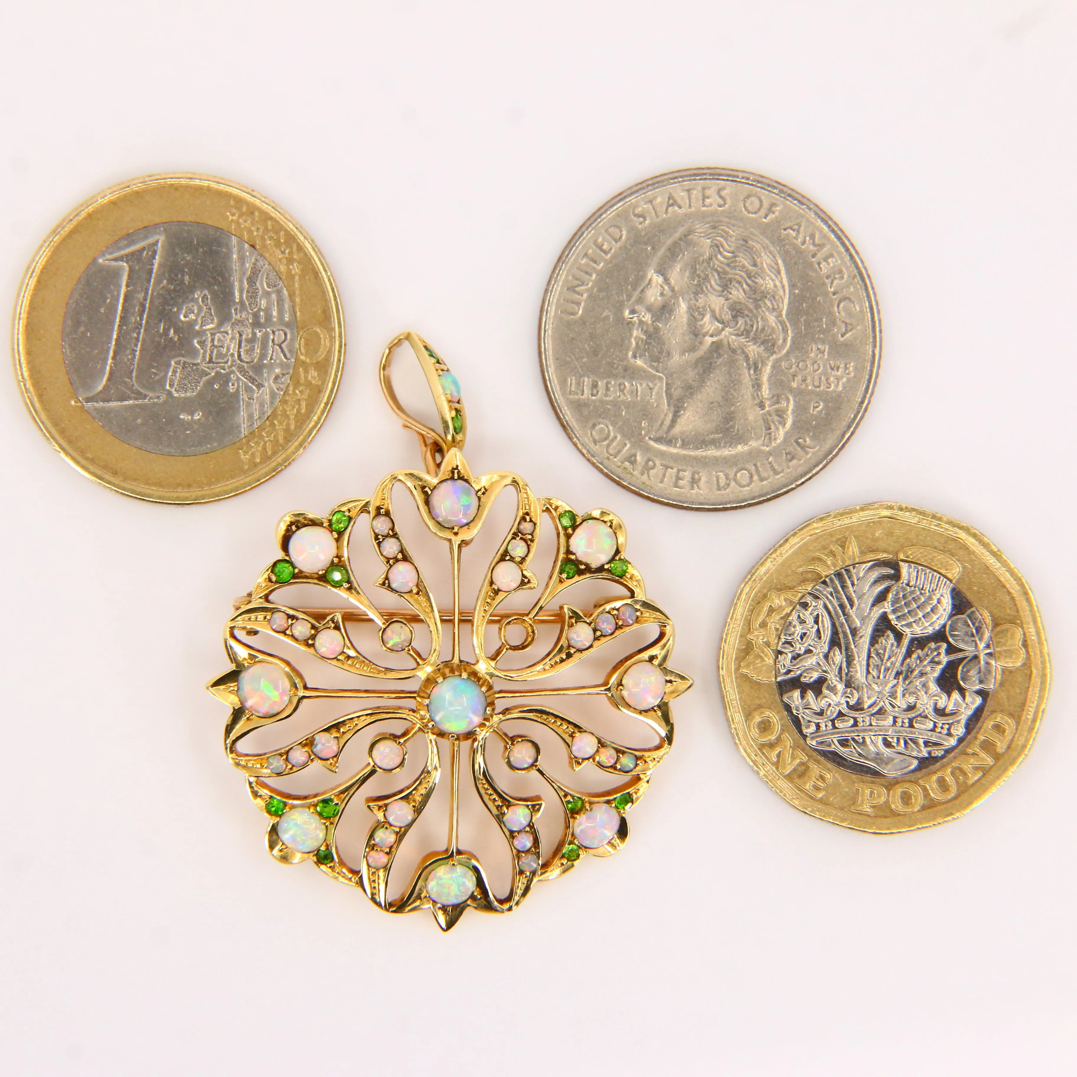 Antique 15K Opal & Emerald Pendant Brooch ?C Solid Yellow Gold Victorian Piece