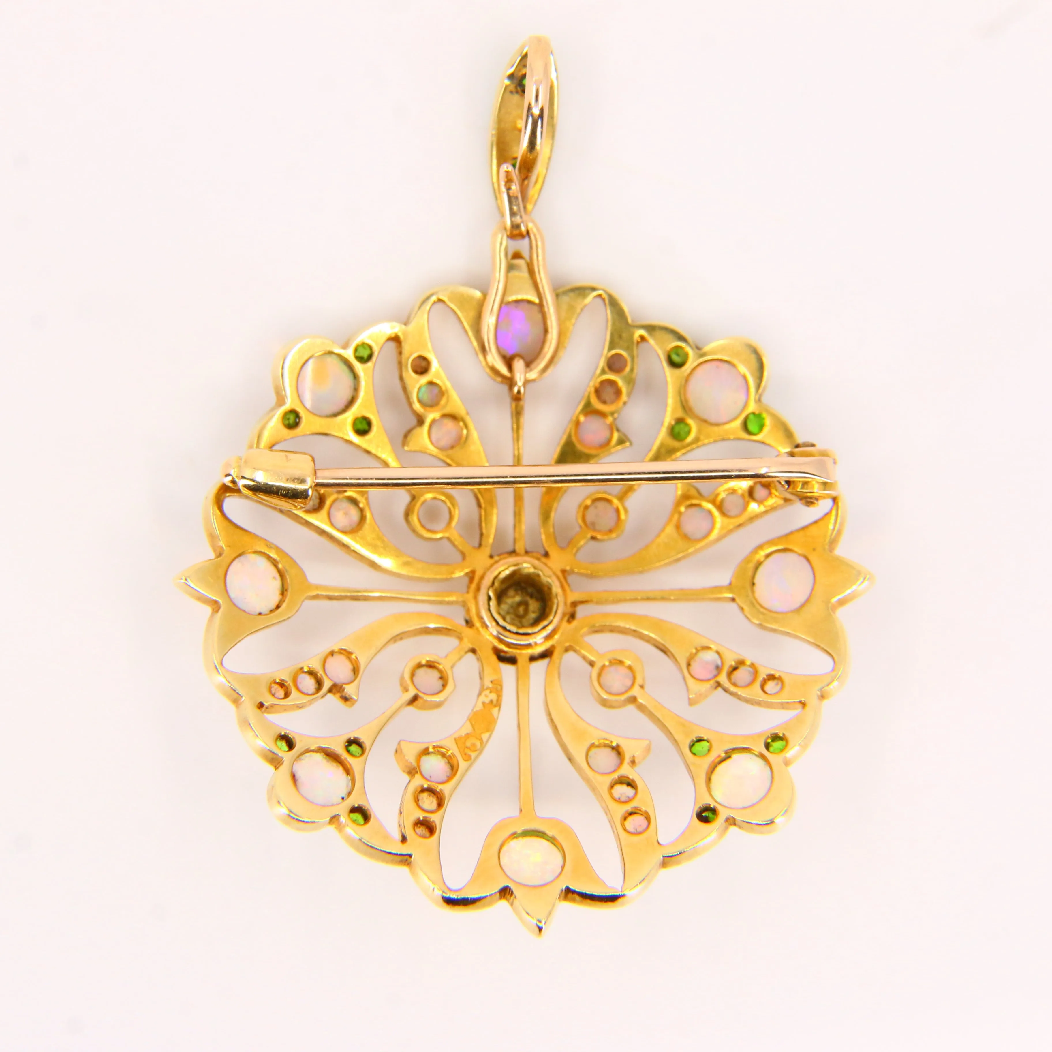 Antique 15K Opal & Emerald Pendant Brooch ?C Solid Yellow Gold Victorian Piece