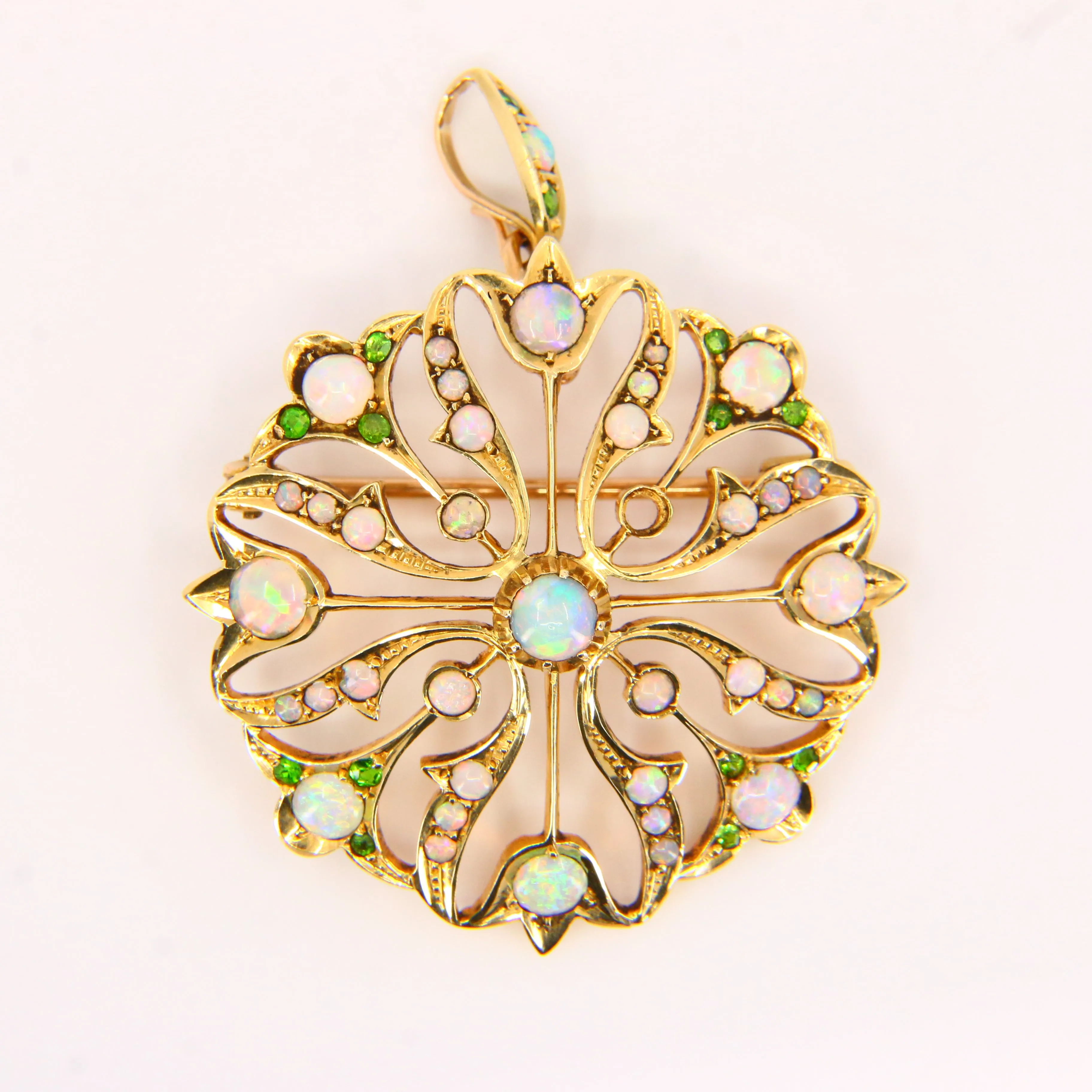 Antique 15K Opal & Emerald Pendant Brooch ?C Solid Yellow Gold Victorian Piece