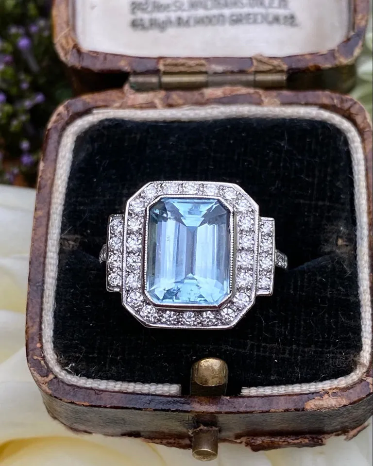 Art Deco Aquamarine and Diamond Cluster Platinum Ring 0.60ct   3.0ct