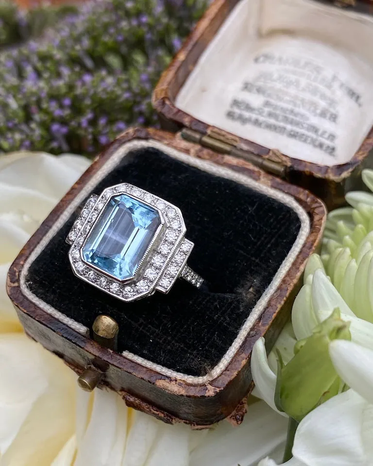 Art Deco Aquamarine and Diamond Cluster Platinum Ring 0.60ct   3.0ct