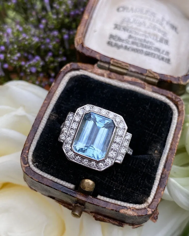 Art Deco Aquamarine and Diamond Cluster Platinum Ring 0.60ct   3.0ct