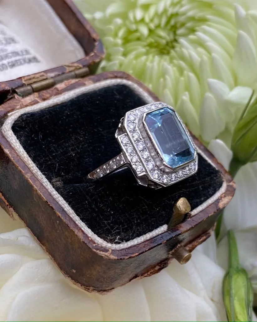 Art Deco Aquamarine and Diamond Cluster Platinum Ring 0.60ct   3.0ct