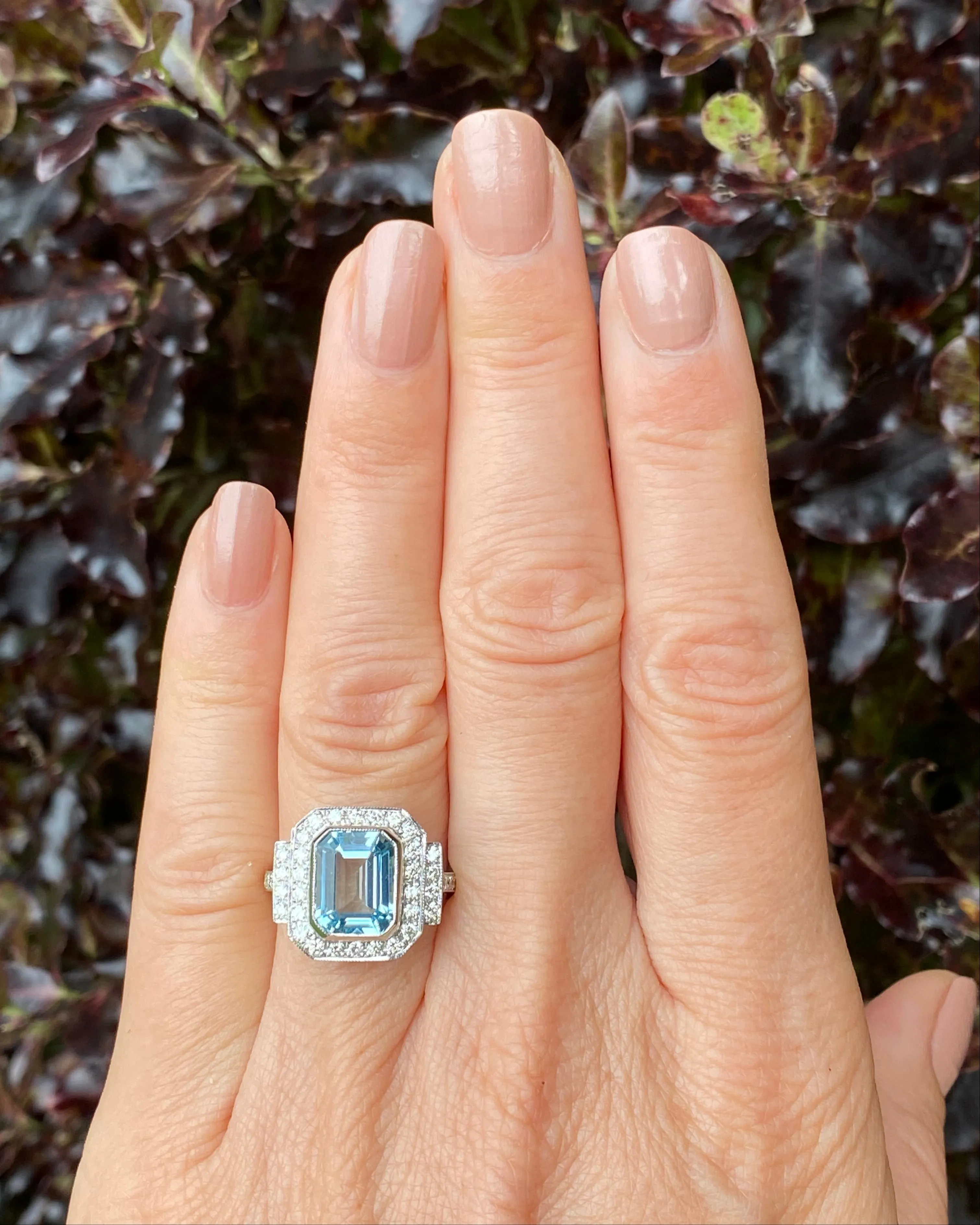 Art Deco Aquamarine and Diamond Cluster Platinum Ring 0.60ct   3.0ct