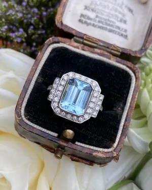 Art Deco Aquamarine and Diamond Cluster Platinum Ring 0.60ct   3.0ct