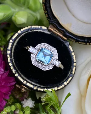 Art Deco Aquamarine and Diamond Platinum Ring 0.25ct   0.55ct