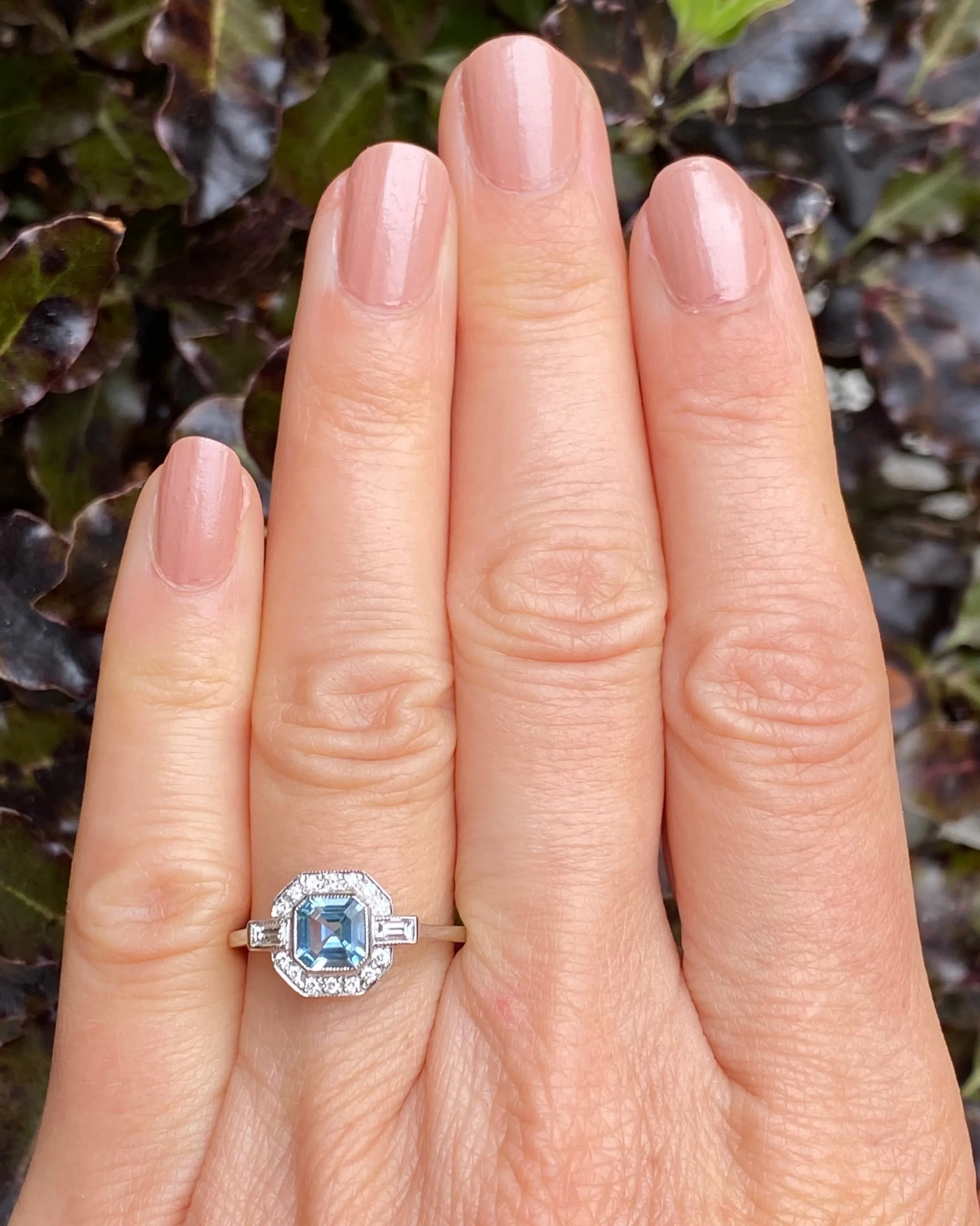 Art Deco Aquamarine and Diamond Platinum Ring 0.25ct   0.55ct