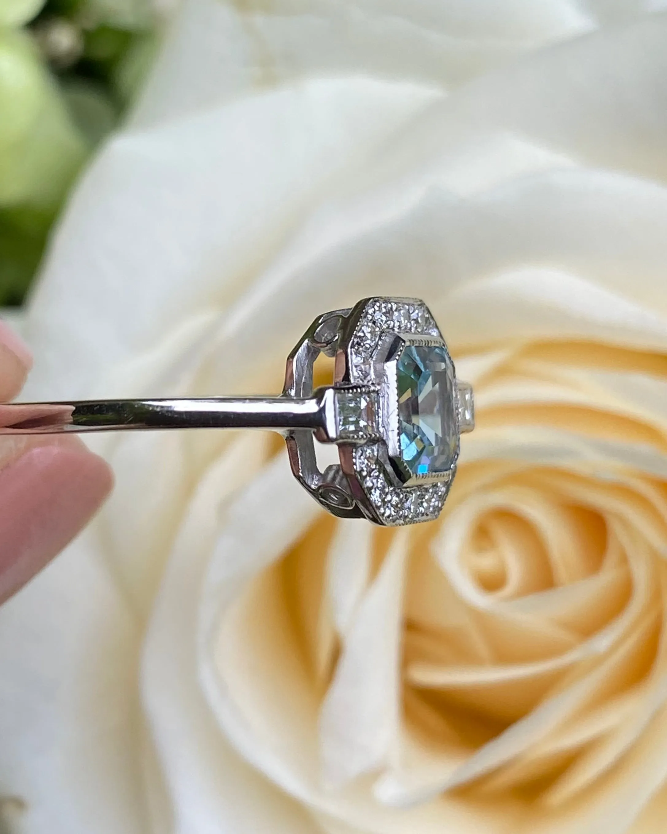 Art Deco Aquamarine and Diamond Platinum Ring 0.25ct   0.55ct