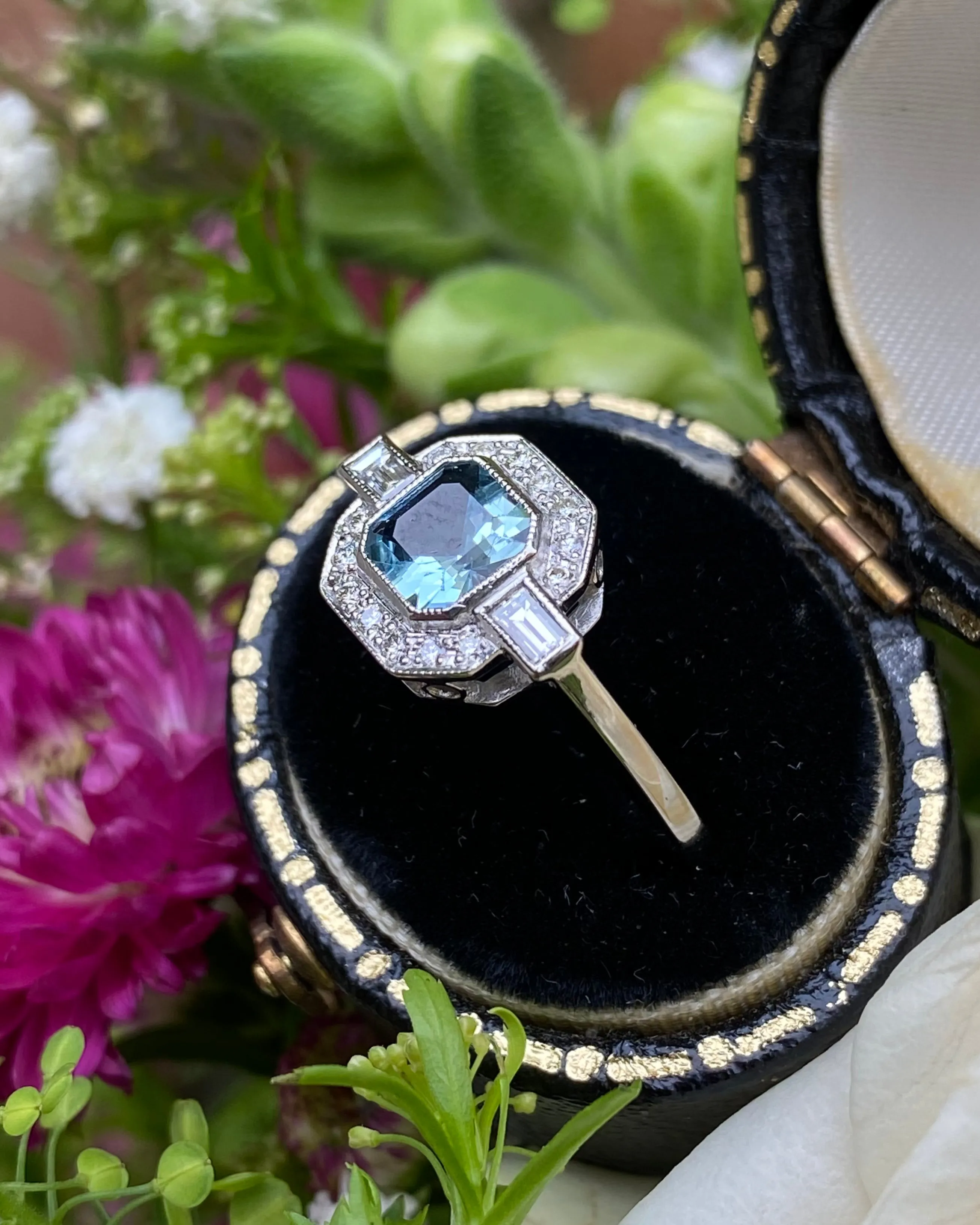 Art Deco Aquamarine and Diamond Platinum Ring 0.25ct   0.55ct