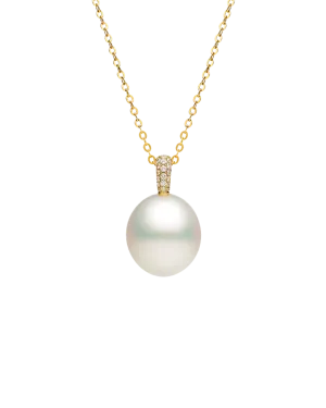 Audrey Pearl Pendant | 15mm Oval Pearl, Diamonds, and Yellow Gold