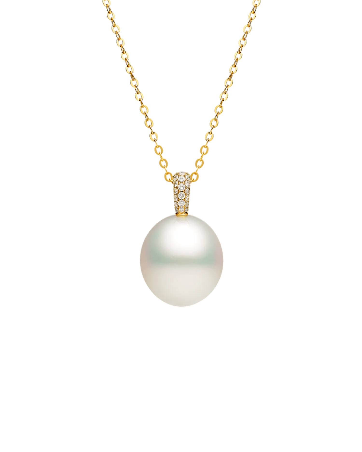Audrey Pearl Pendant | 15mm Oval Pearl, Diamonds, and Yellow Gold