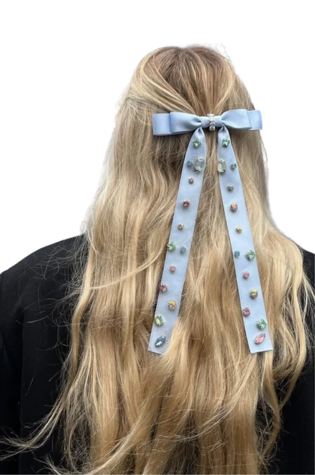 Blue Satin Bejeweled Bow Clip