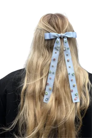 Blue Satin Bejeweled Bow Clip