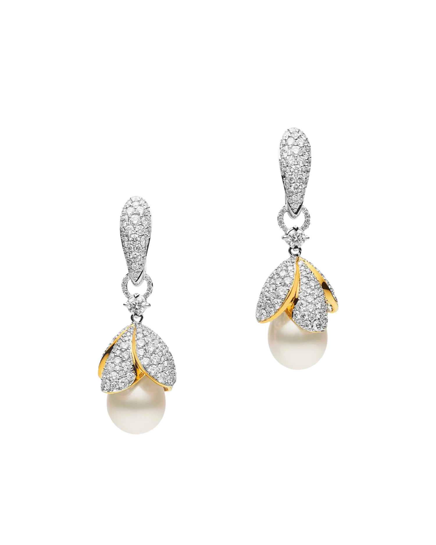 Boronia Pearl Earrings | 9mm Oval Pearls, Diamonds, Yellow and White Gold