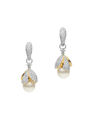 Boronia Pearl Earrings | 9mm Oval Pearls, Diamonds, Yellow and White Gold