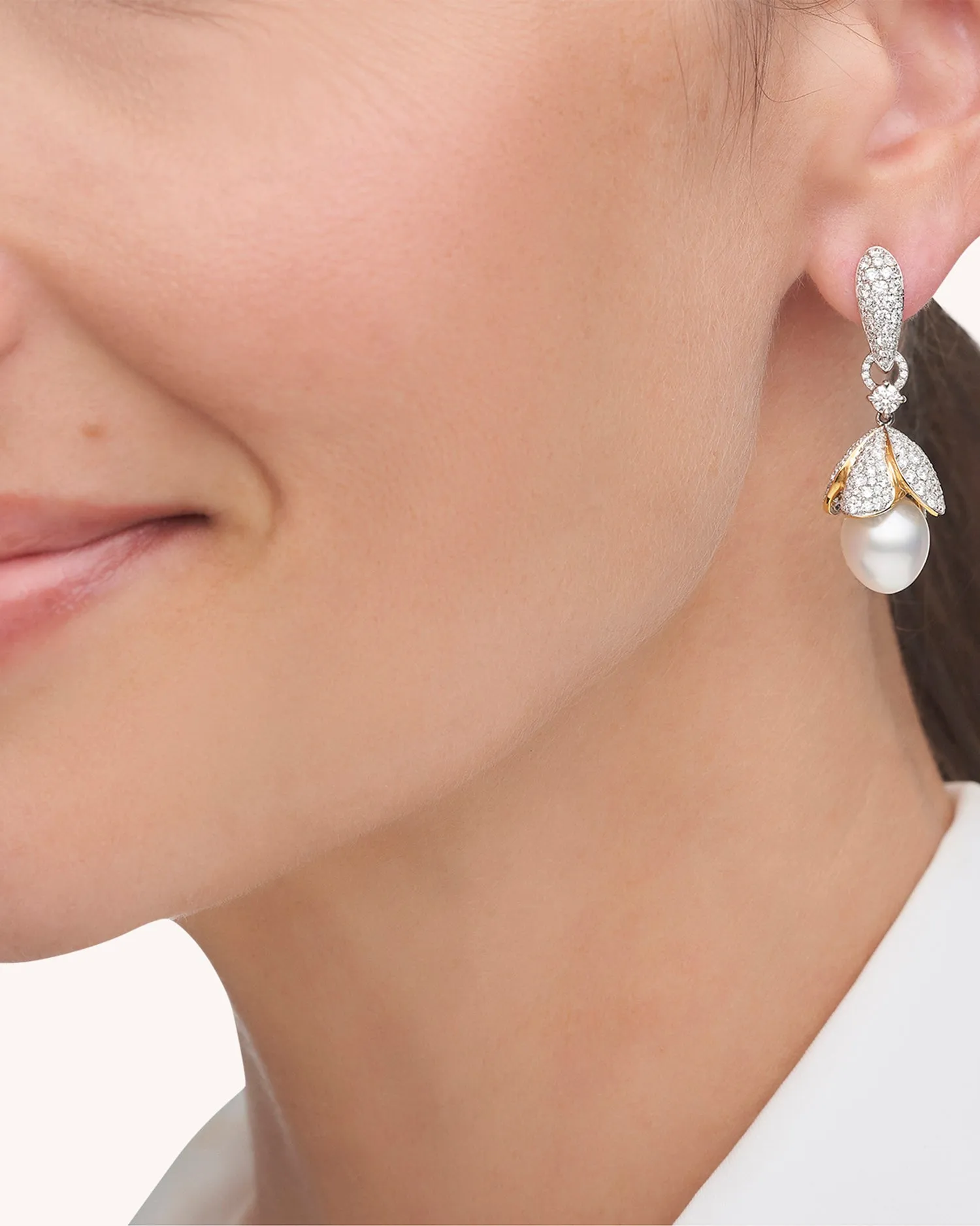 Boronia Pearl Earrings | 9mm Oval Pearls, Diamonds, Yellow and White Gold