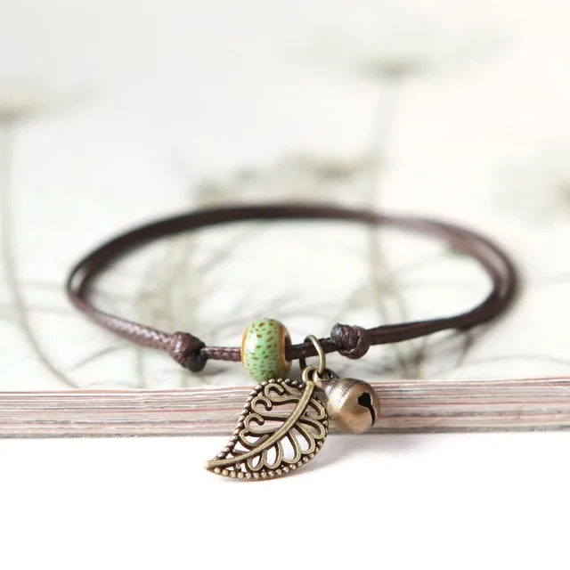 Ceramic Beaded Bracelet Anklet Couple Girlfriends Bohemian Retro First Leaf Jewelry for Women Gift
