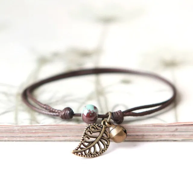 Ceramic Beaded Bracelet Anklet Couple Girlfriends Bohemian Retro First Leaf Jewelry for Women Gift