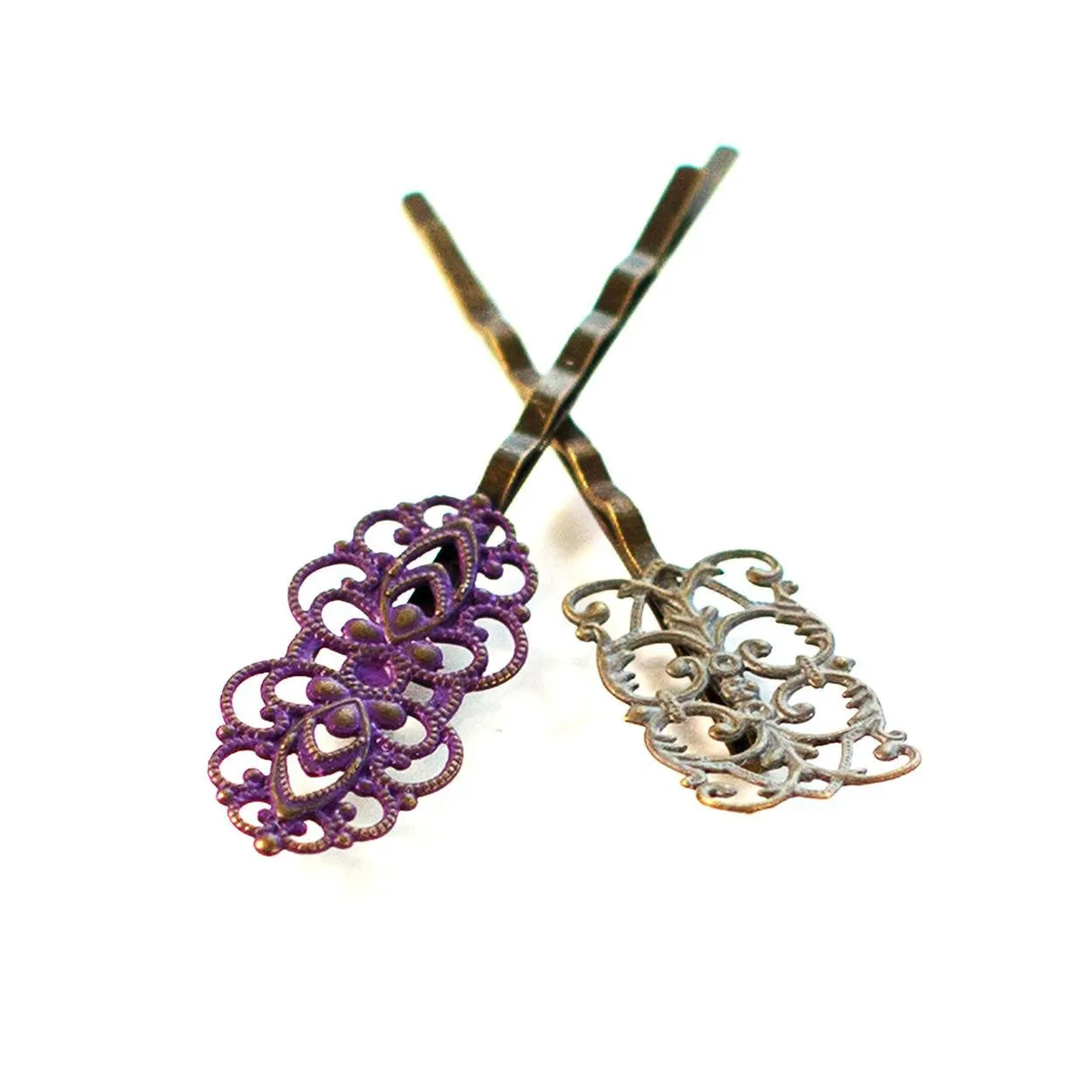 Dainty Bobby Pins (2 pack) - Hand Painted Art Deco Metal Filigree Hair Pin