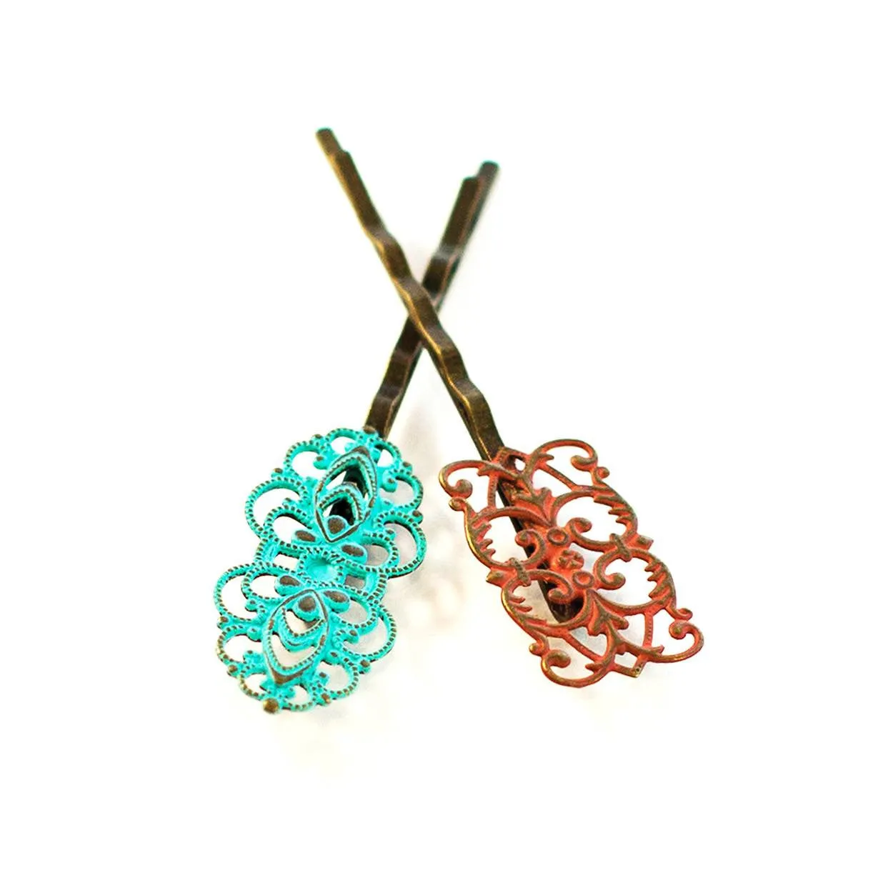 Dainty Bobby Pins (2 pack) - Hand Painted Art Deco Metal Filigree Hair Pin