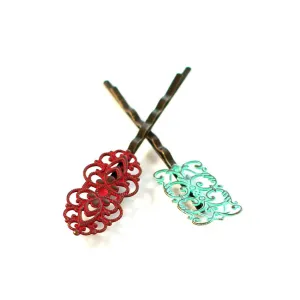 Dainty Bobby Pins (2 pack) - Hand Painted Art Deco Metal Filigree Hair Pin