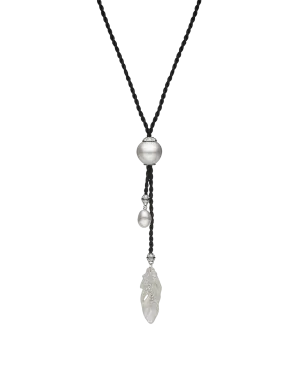 Diamond Feather Silk Pearl Necklace | 13mm Keshi Pearl, Mother of Pearl, and White Gold