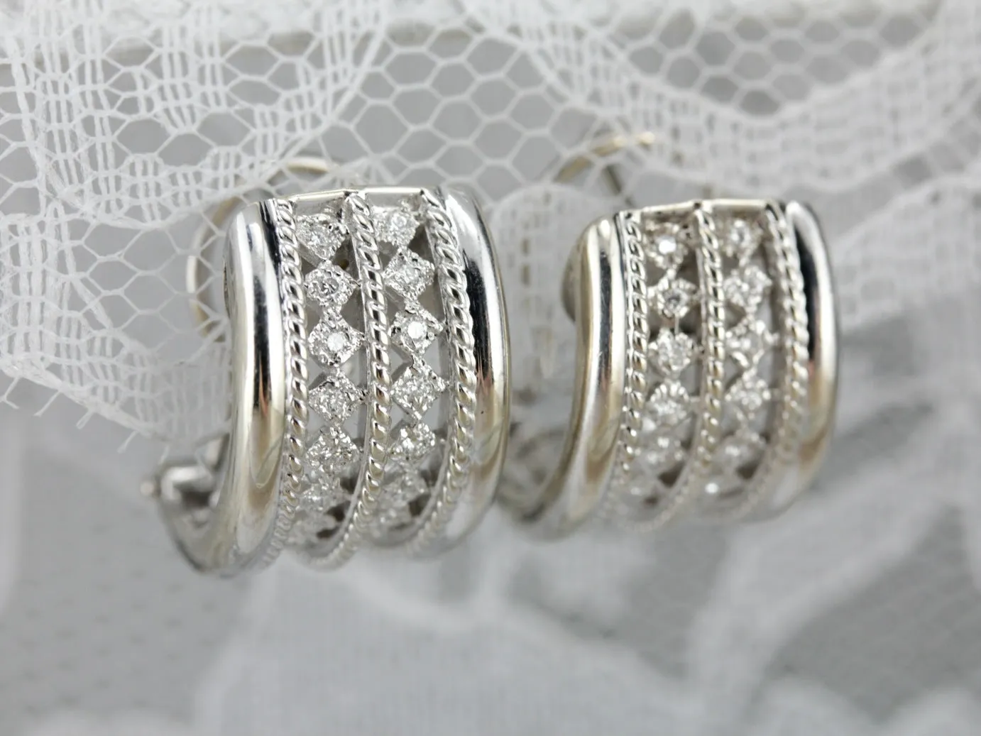 Diamond Half Hoop Earrings in White Gold