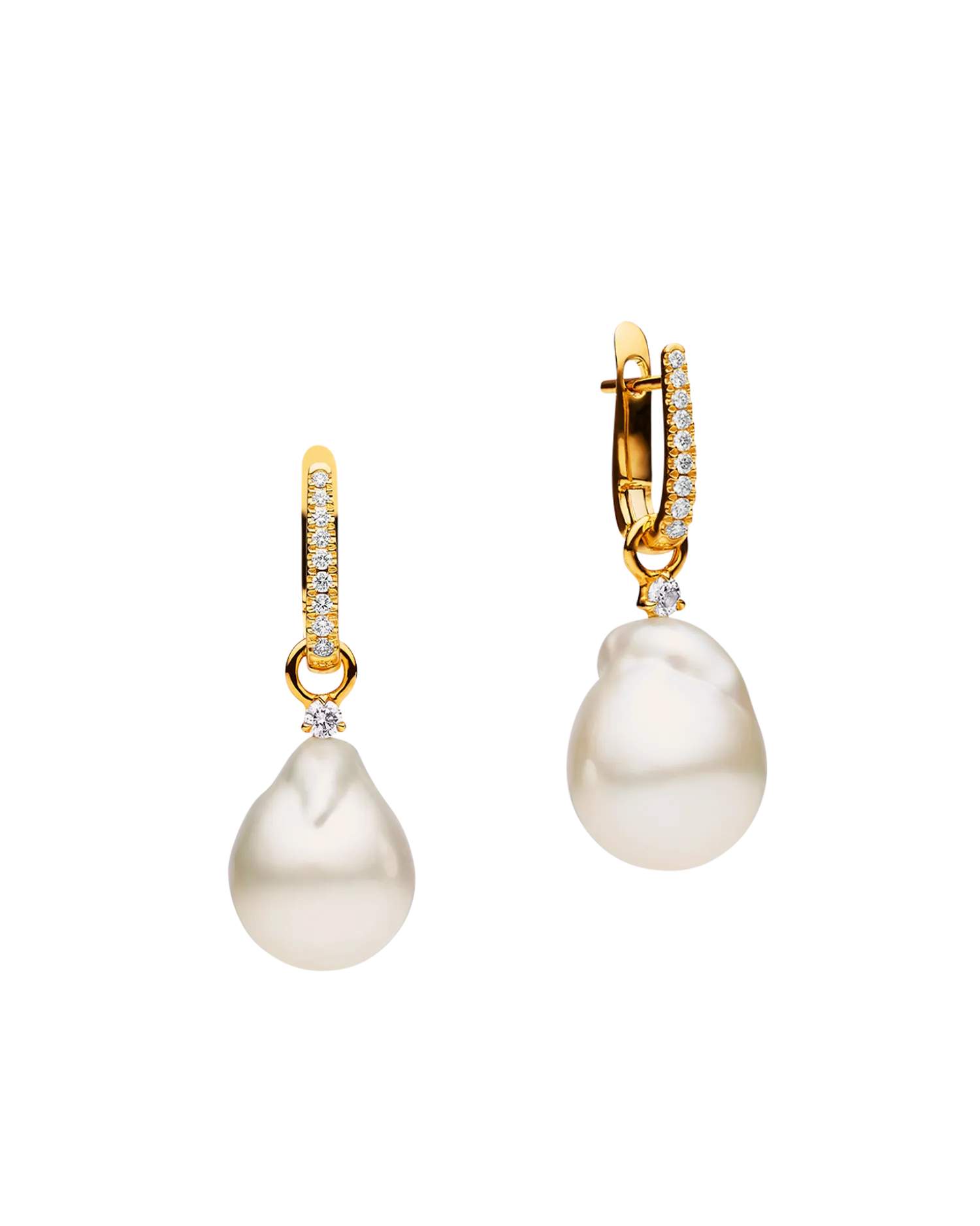 Diamond Pearls My Way Earrings | 12mm Baroque Pearls, Diamonds, and Yellow Gold