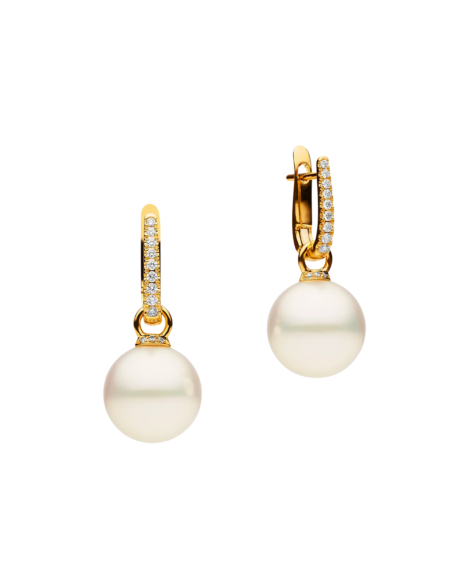 Diamond Pearls My Way Earrings | 12mm Round Pearls, Diamonds and Yellow Gold