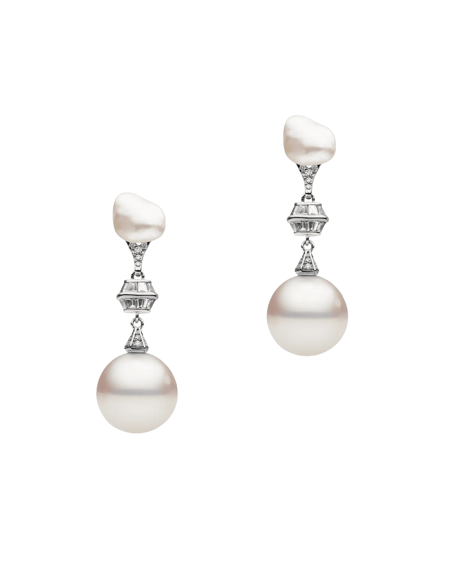 Diamond Sea Buoy and Keshi Stud Pearl Earrings | 12mm Semi-Round Pearls, Diamond, and White Gold