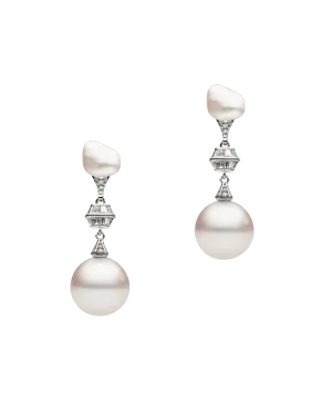 Diamond Sea Buoy and Keshi Stud Pearl Earrings | 12mm Semi-Round Pearls, Diamond, and White Gold