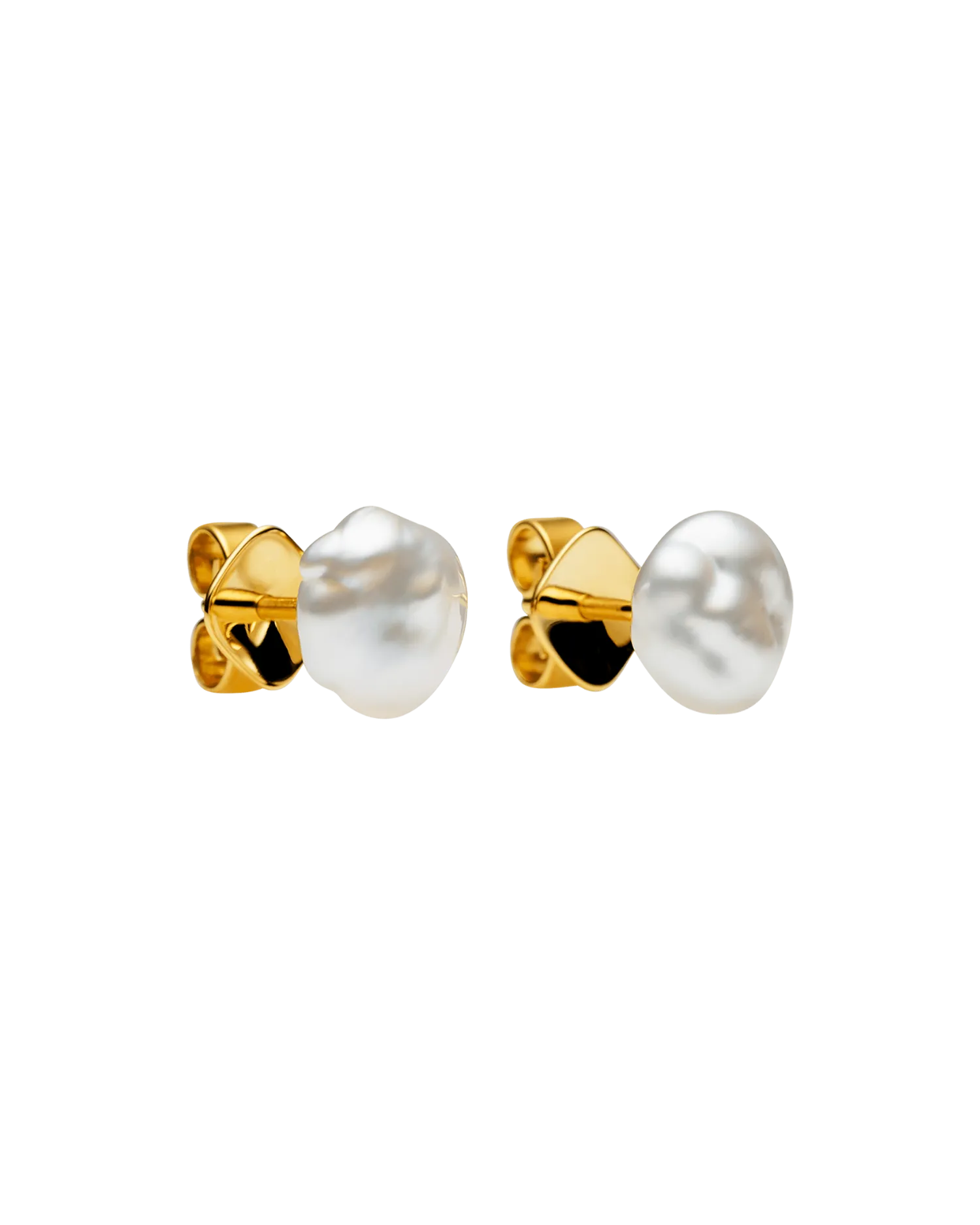 Diamond Sea Buoy and Keshi Stud Pearl Earrings | 12mm Semi-Round Pearls, Diamond, and White Gold