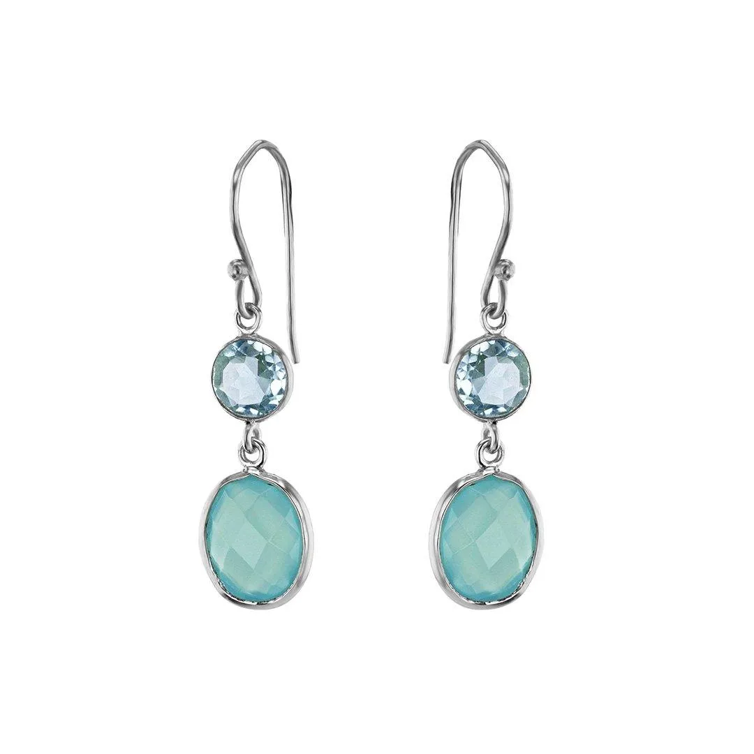 Earrings in 925 Silver plated with Rhodium and assembled with Blue Topaz and Aqua Chalcedony