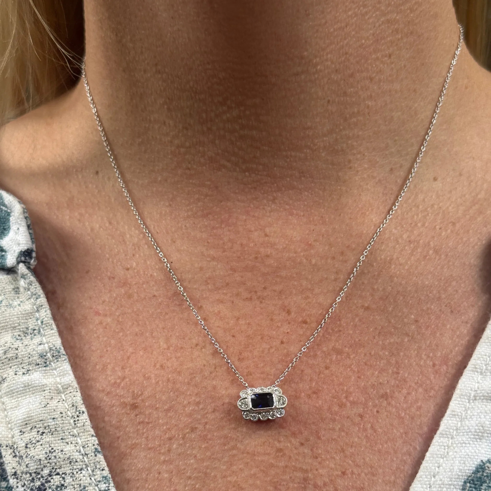 Emerald-Cut Sapphire & Diamond 14K Gold Pendant Necklace